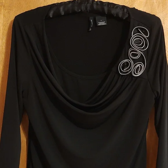 New Directions Stretch Cowl Neck Top Black ¾-Sleeve Ruched Metallic Detail Large - Picture 2 of 9